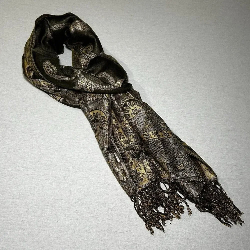 100% Pashmina Cashmere Wrap Scarf in Green Reversible Print with Fringe